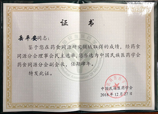喜訊！恭喜岳平安董事長(zhǎng)榮獲“中國民族醫(yī)藥學(xué)會(huì)藥食同源分會(huì)副會(huì)長(zhǎng)”